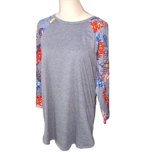 Lularoe Sz XL Gray Feather Floral Print Tunic T Shirt Randy 3/4 Sleeve EUC - Picture 1 of 4